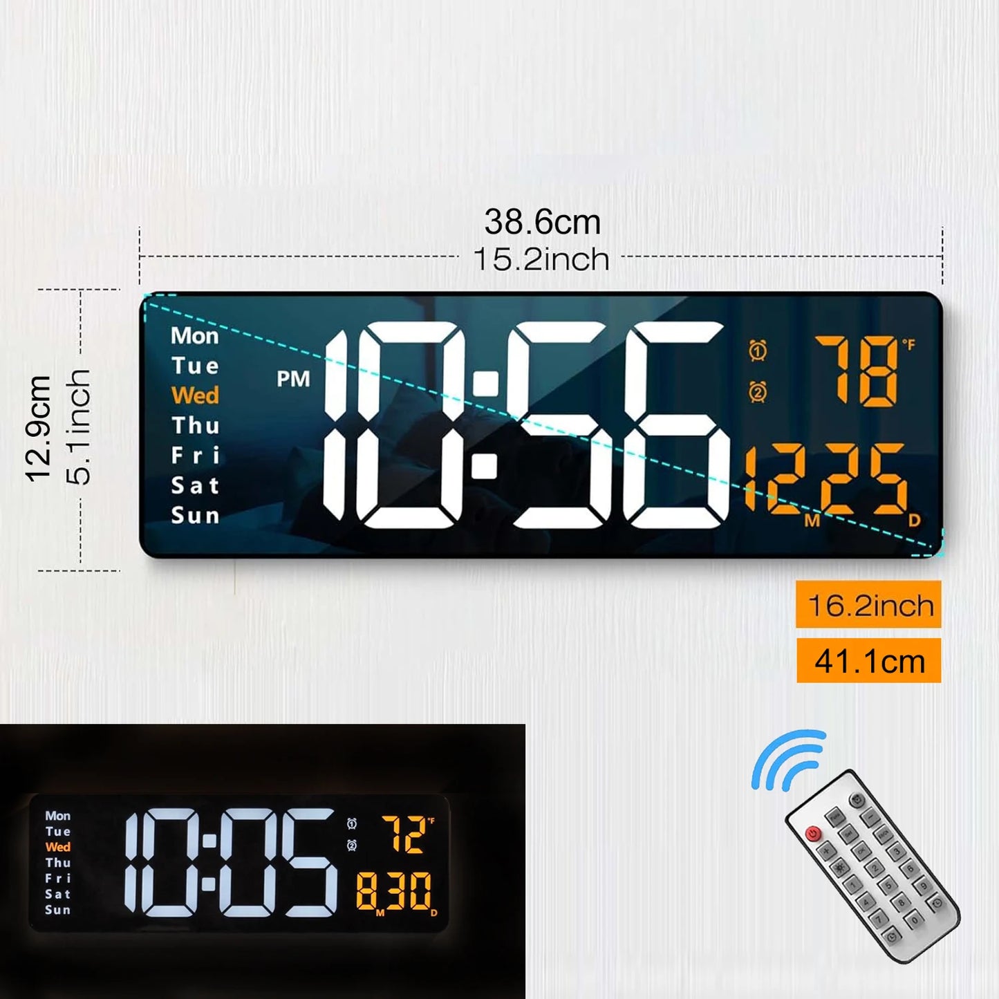 16.2" Large Digital Wall Clock – RGB LED Alarm Clock with Remote Control & Dual Alarms