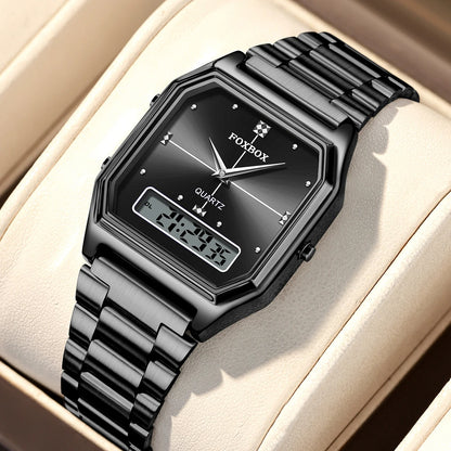 FOXBOX Elegant Dual Display Watch for Women – Stainless Steel Digital & Quartz Waterproof Timepiece