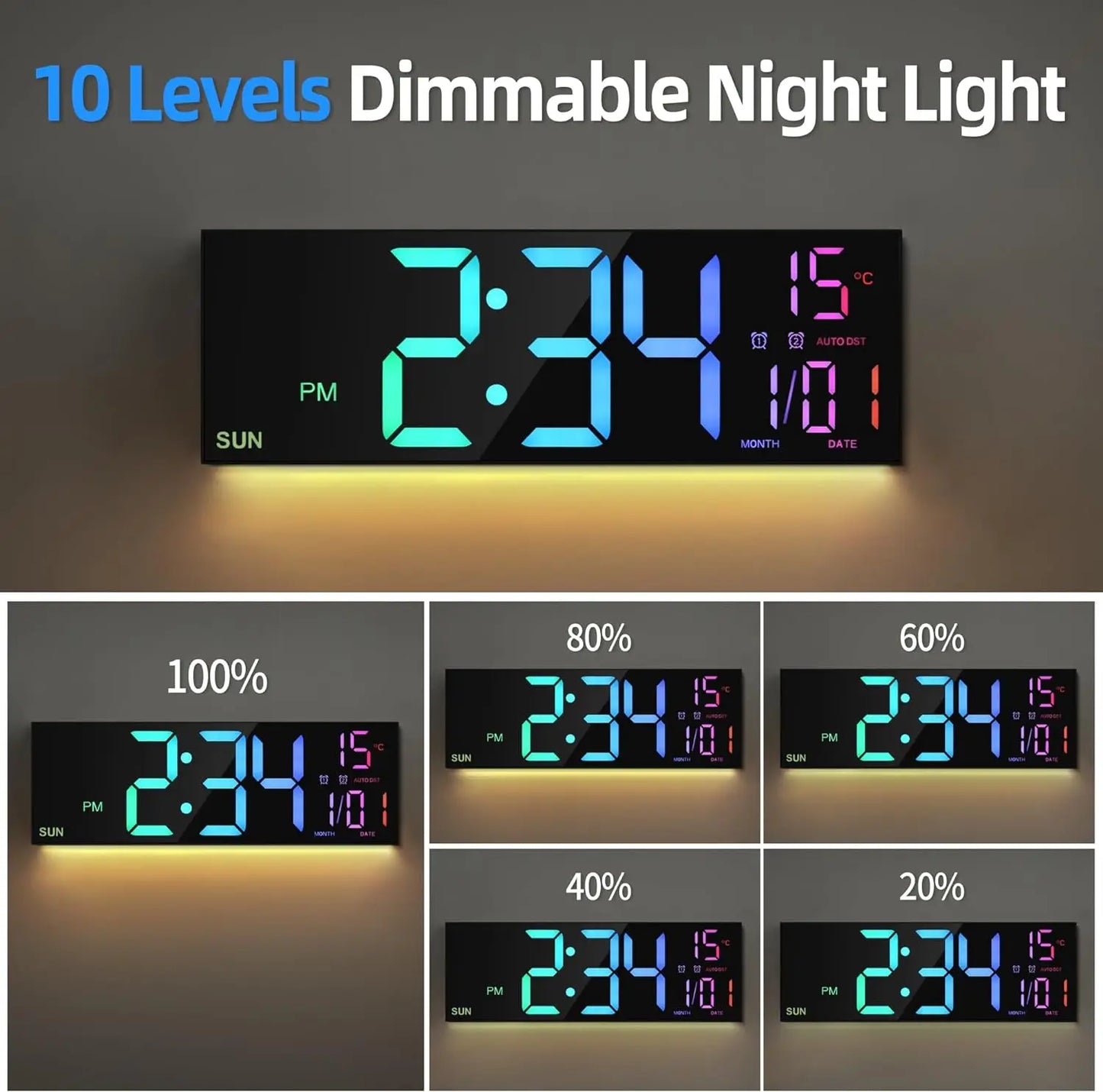16.2" Large Digital Wall Clock – RGB LED Alarm Clock with Remote Control & Dual Alarms