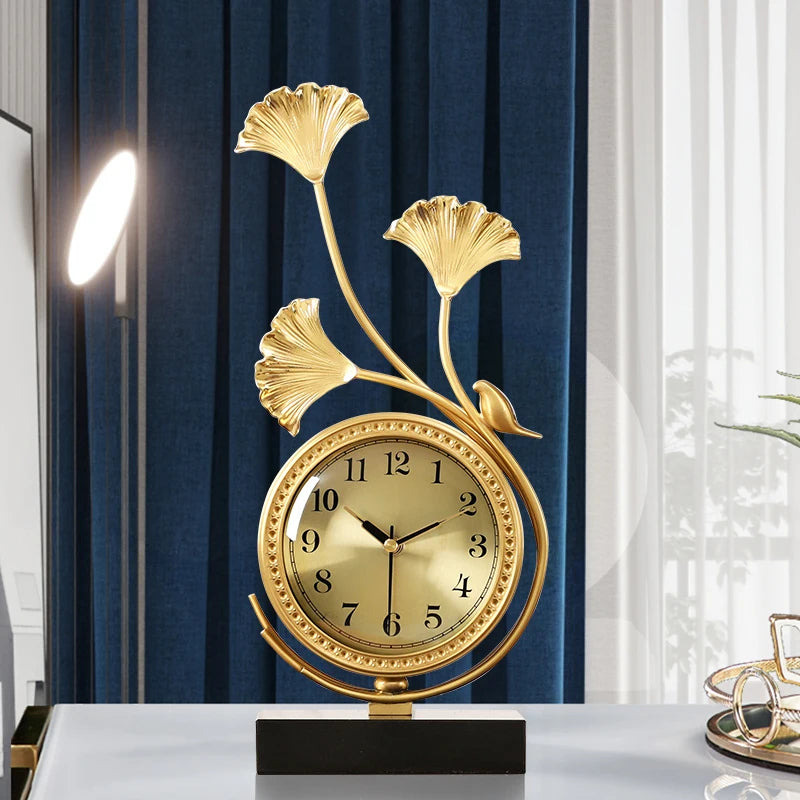 European Brass Desktop Clock – Silent Quartz Table Clock with Roman Numerals for Elegant Interiors