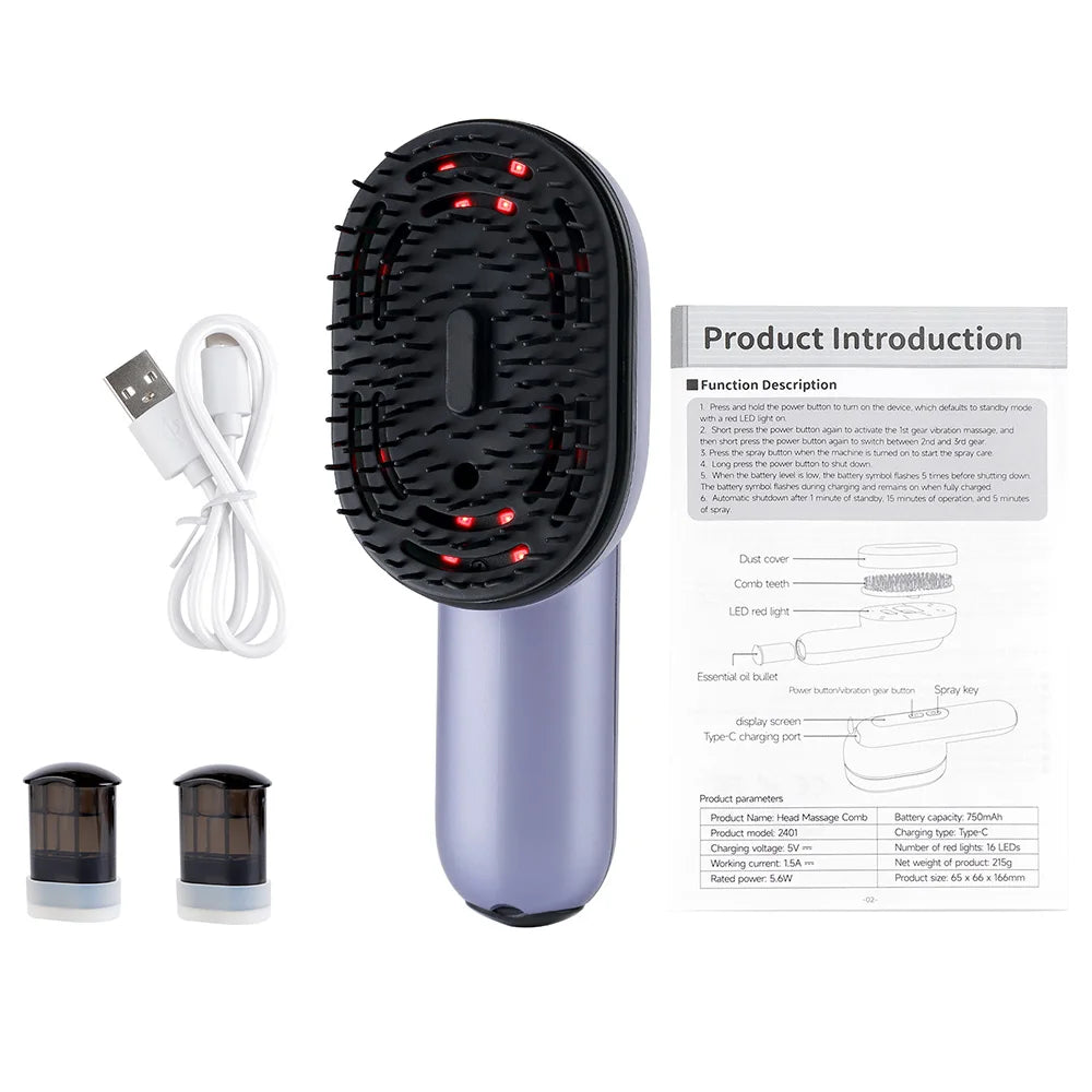 Smart Scalp Therapy Spray Brush – Vibrating Hair Massage Comb with Atomising Hair Oil Applicator