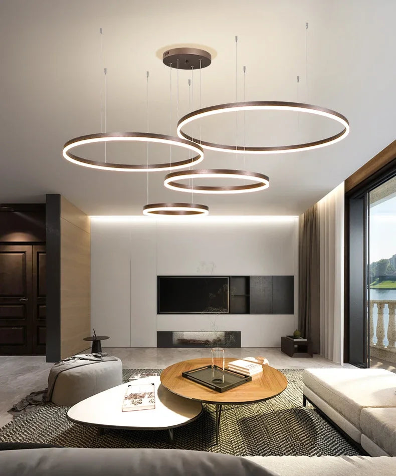 Modern Nordic LED Pendant Light – Luxury Brushed Ring Chandelier for Living & Dining Room