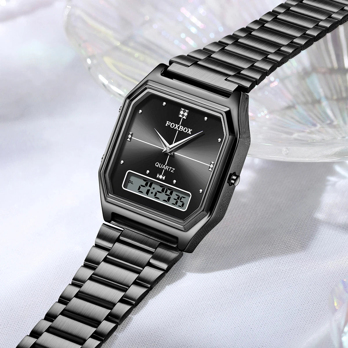 FOXBOX Elegant Dual Display Watch for Women – Stainless Steel Digital & Quartz Waterproof Timepiece