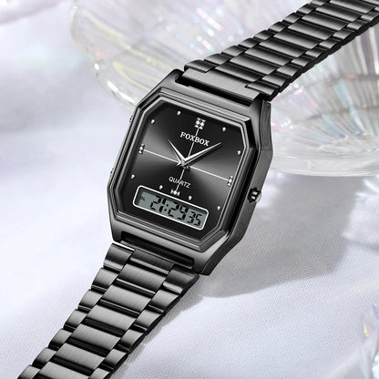 FOXBOX Elegant Dual Display Watch for Women – Stainless Steel Digital & Quartz Waterproof Timepiece