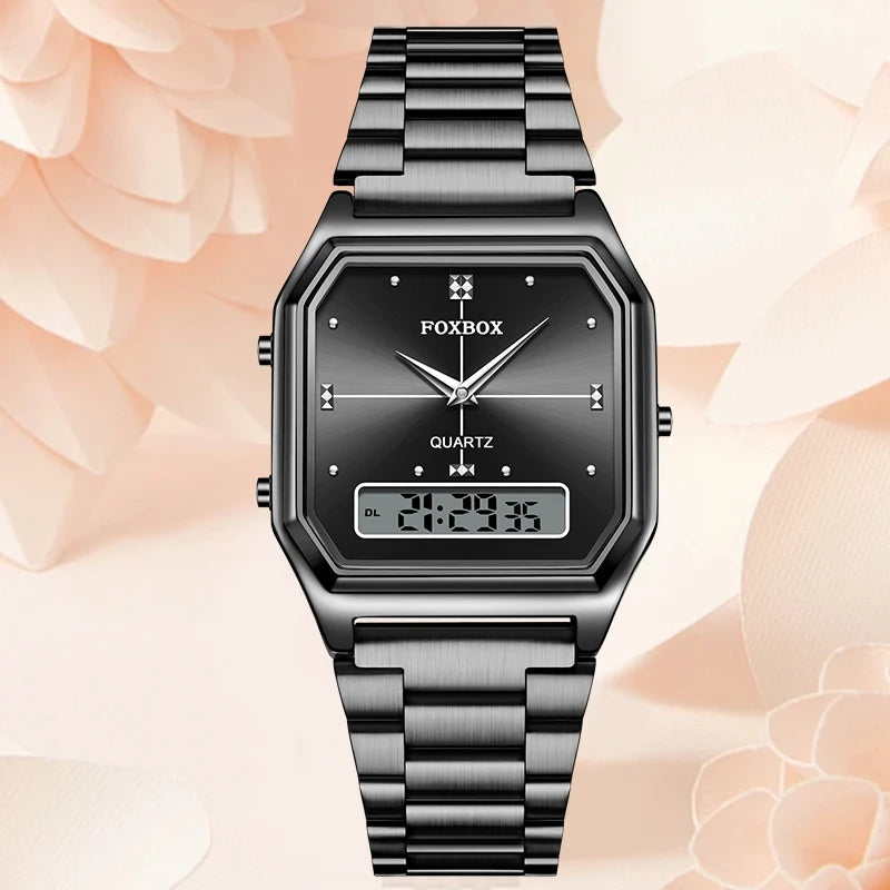 FOXBOX Elegant Dual Display Watch for Women – Stainless Steel Digital & Quartz Waterproof Timepiece