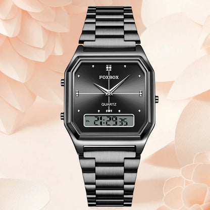 FOXBOX Elegant Dual Display Watch for Women – Stainless Steel Digital & Quartz Waterproof Timepiece