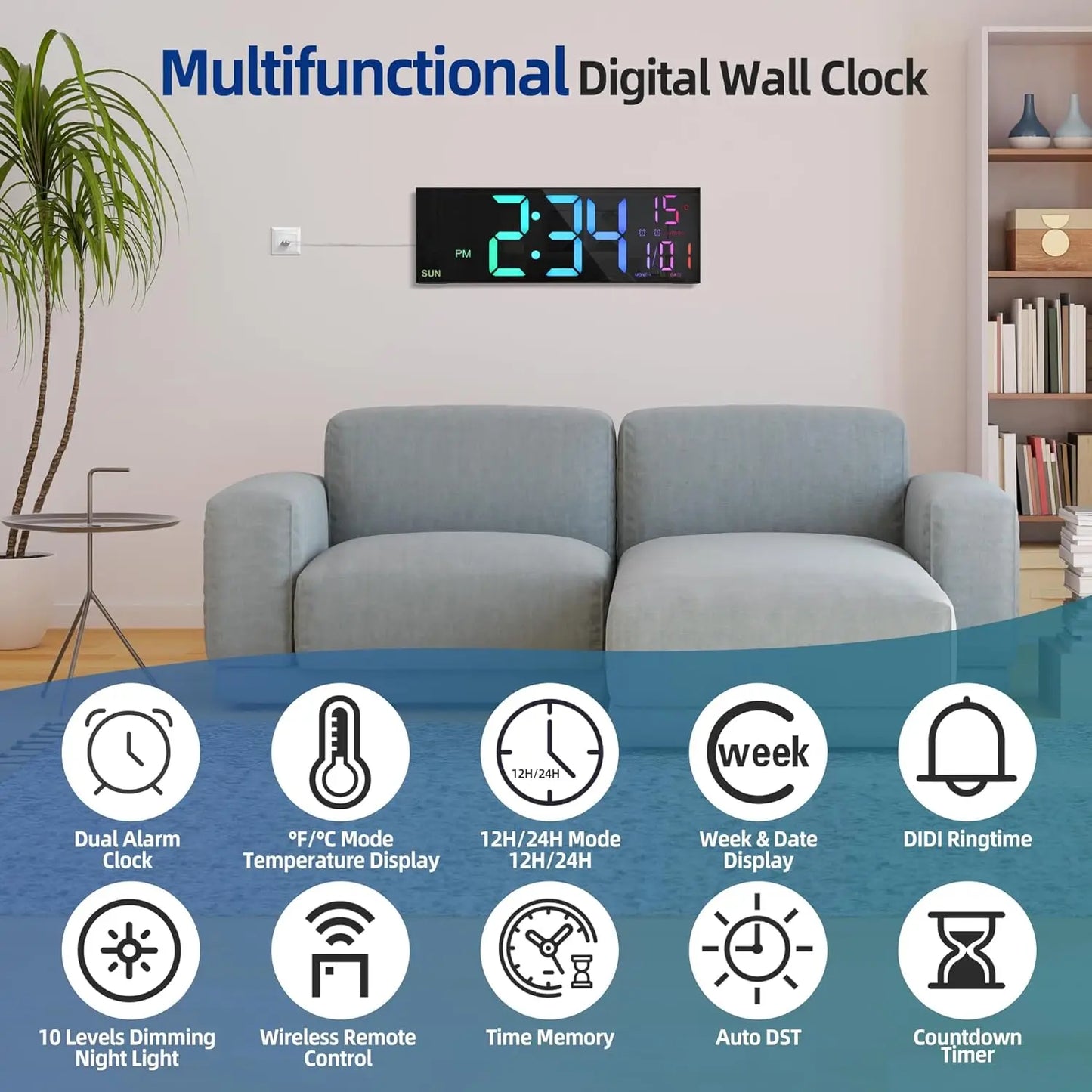 16.2" Large Digital Wall Clock – RGB LED Alarm Clock with Remote Control & Dual Alarms
