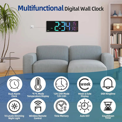 16.2" Large Digital Wall Clock – RGB LED Alarm Clock with Remote Control & Dual Alarms