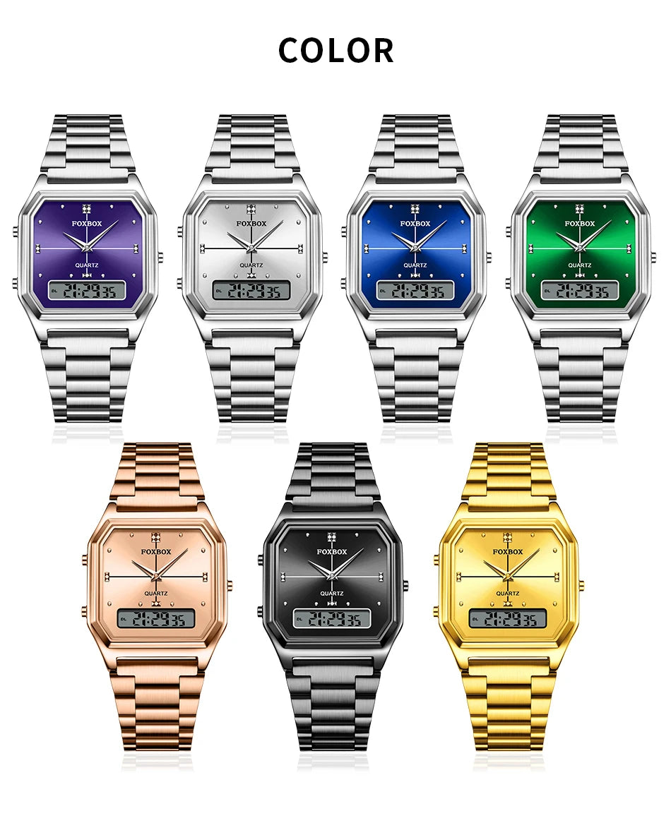 FOXBOX Elegant Dual Display Watch for Women – Stainless Steel Digital & Quartz Waterproof Timepiece