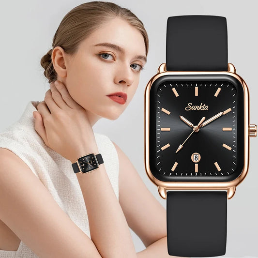 SUNKTA Elegant Square Quartz Watch – Luxury Retro Design, Waterproof & Luminous Display with Date