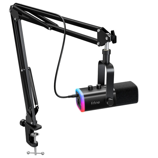 FIFINE AmpliGame AM8T Pro Gaming Microphone Kit – XLR & USB Dynamic Mic with RGB, Boom Arm & Headphone Monitoring for PC & PS5
