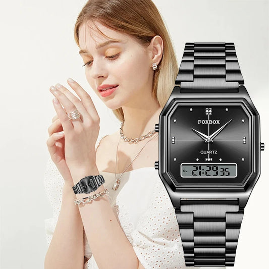 FOXBOX Elegant Dual Display Watch for Women – Stainless Steel Digital & Quartz Waterproof Timepiece