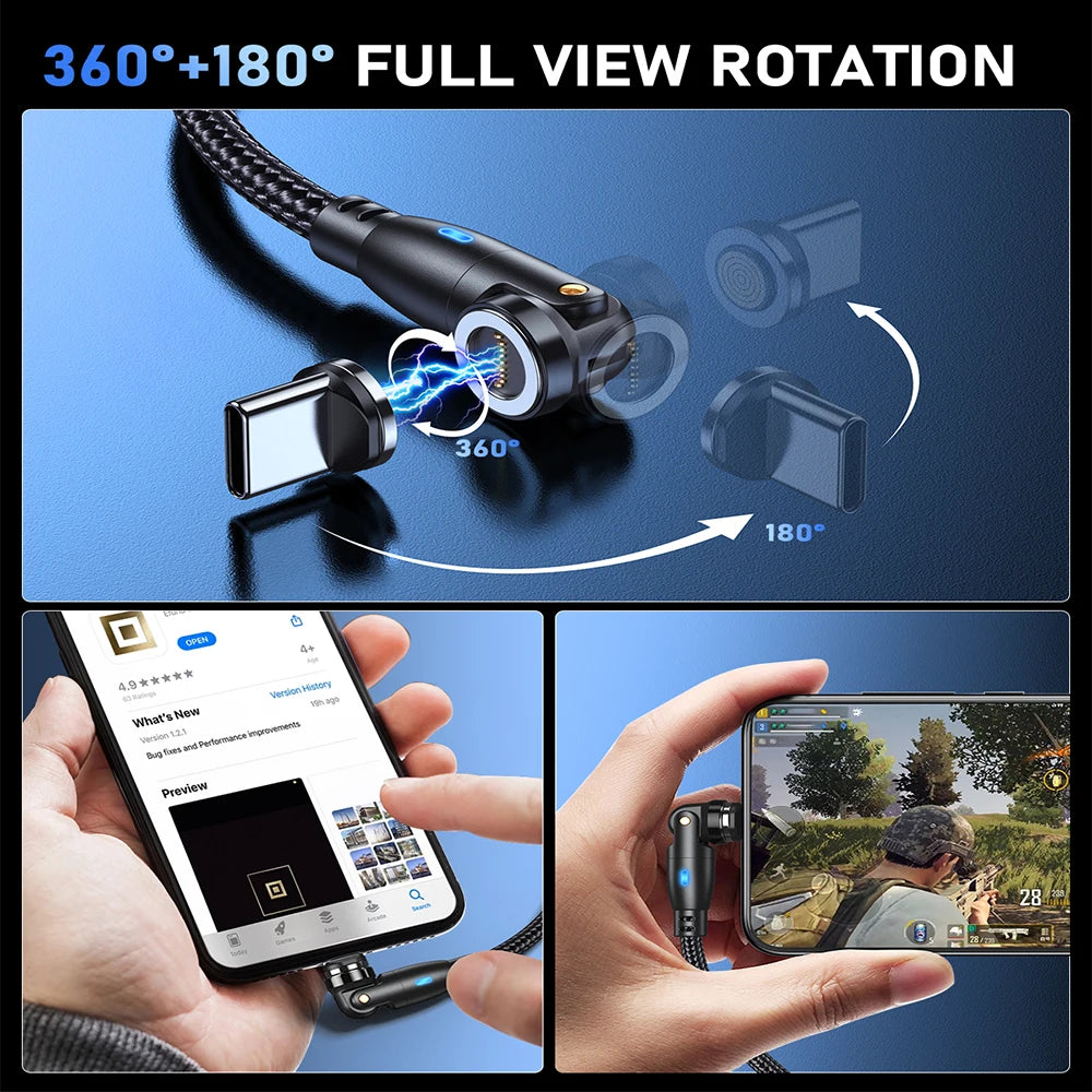 Cabo de carregamento rápido magnético 3 em 1 AUFU 100W – Conector múltiplo USB-C para iPhone, Samsung, MacBook e mais