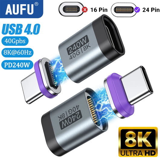 AUFU 240W Magnetic USB-C Adapter – USB4 40Gbps Fast Charging Connector with 8K 60Hz for MacBook, iPhone & Thunderbolt Devices