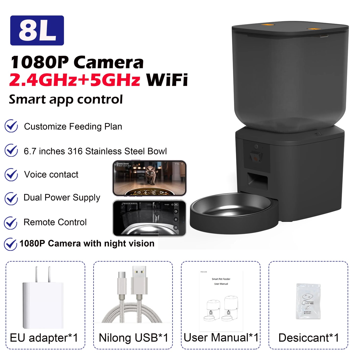 PetVision Pro 8L Smart Cat Food Dispenser with HD Camera, Voice Recorder & Tuya App