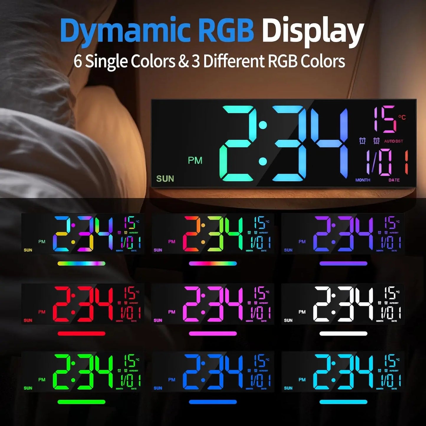 16.2" Large Digital Wall Clock – RGB LED Alarm Clock with Remote Control & Dual Alarms