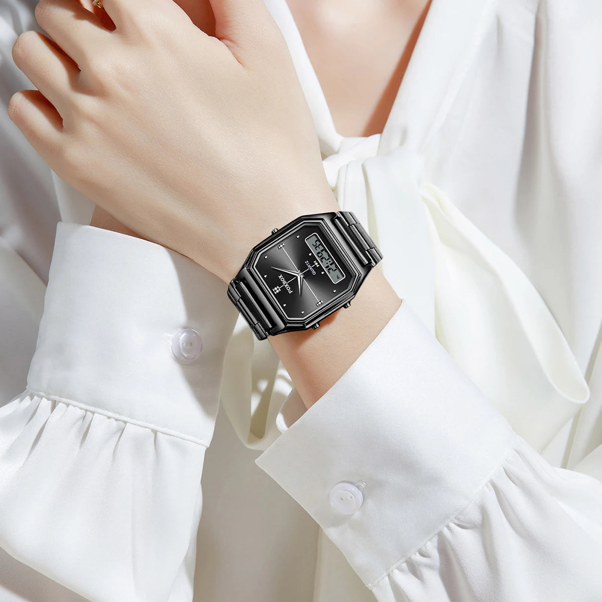 FOXBOX Elegant Dual Display Watch for Women – Stainless Steel Digital & Quartz Waterproof Timepiece