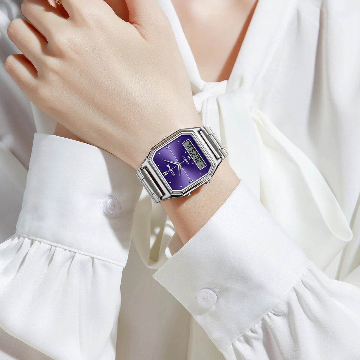 FOXBOX Elegant Dual Display Watch for Women – Stainless Steel Digital & Quartz Waterproof Timepiece
