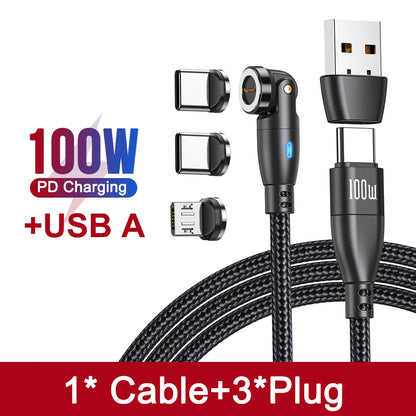 Cabo de carregamento rápido magnético 3 em 1 AUFU 100W – Conector múltiplo USB-C para iPhone, Samsung, MacBook e mais