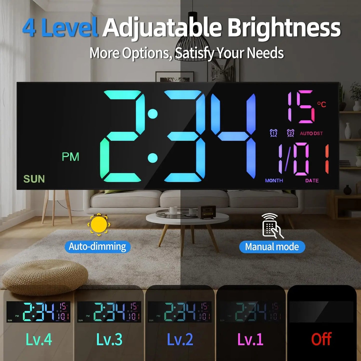 16.2" Large Digital Wall Clock – RGB LED Alarm Clock with Remote Control & Dual Alarms