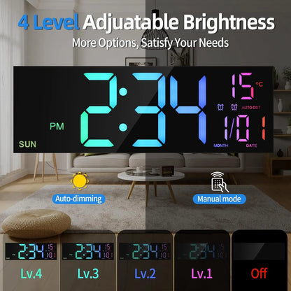 16.2" Large Digital Wall Clock – RGB LED Alarm Clock with Remote Control & Dual Alarms