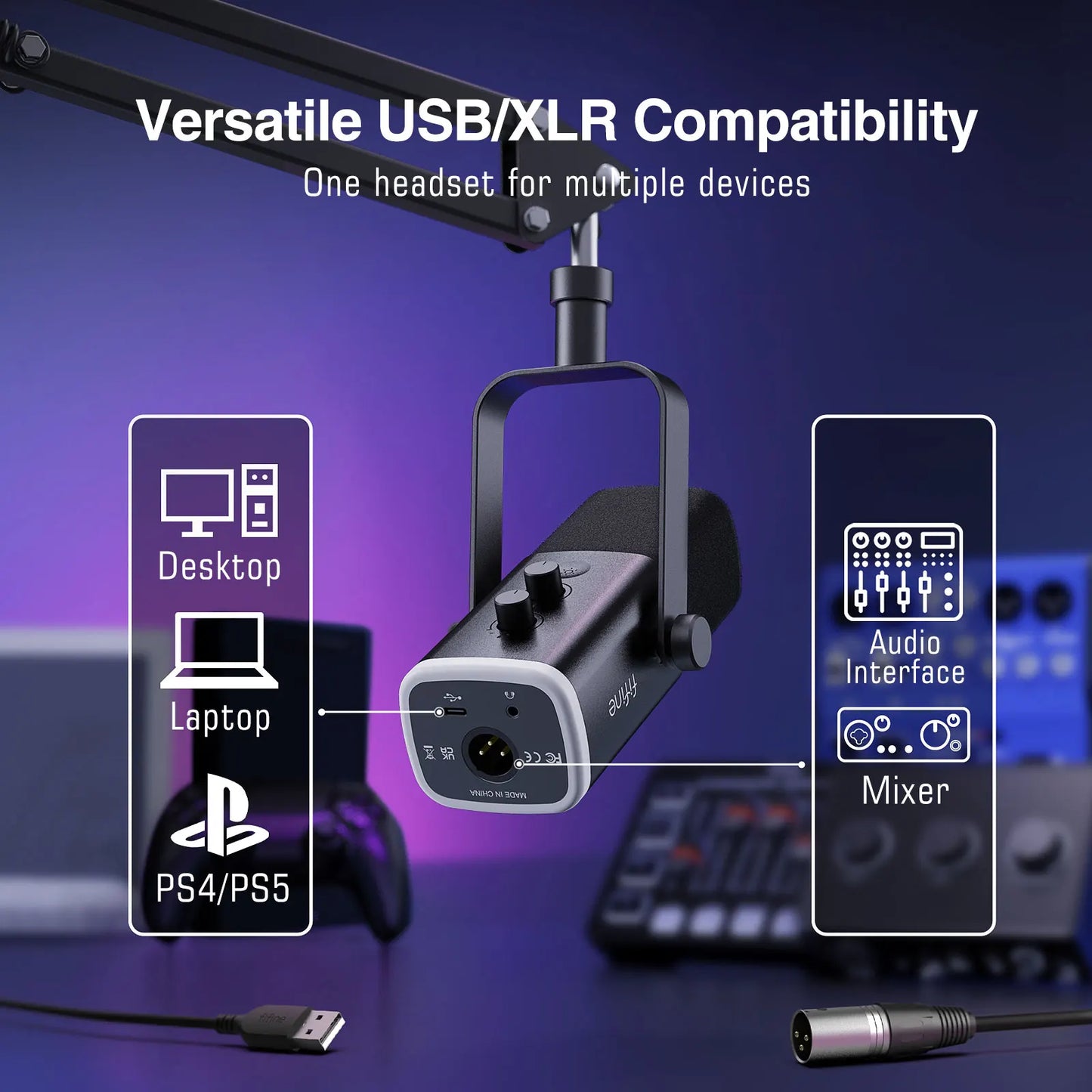 FIFINE AmpliGame AM8T Pro Gaming Microphone Kit – XLR & USB Dynamic Mic with RGB, Boom Arm & Headphone Monitoring for PC & PS5
