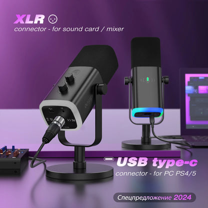 USB/XLR Dynamic Gaming Microphone – PC & PS5 Streaming Mic with Touch Mute & Headphone Jack