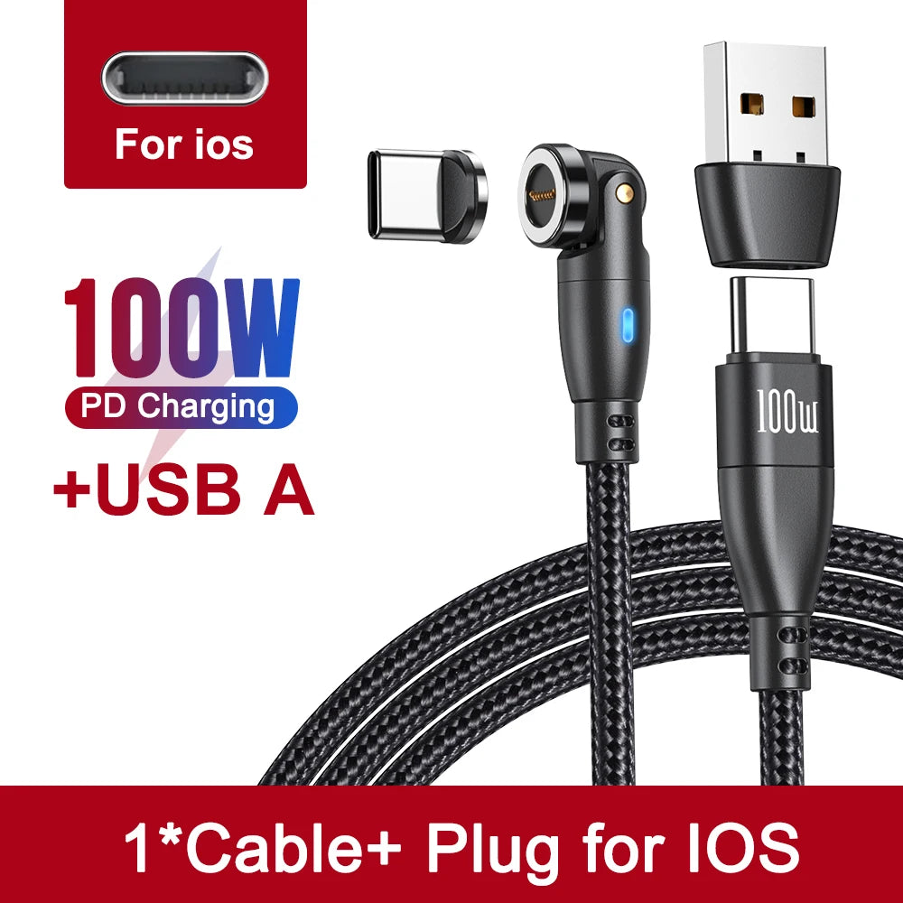 Cabo de carregamento rápido magnético 3 em 1 AUFU 100W – Conector múltiplo USB-C para iPhone, Samsung, MacBook e mais