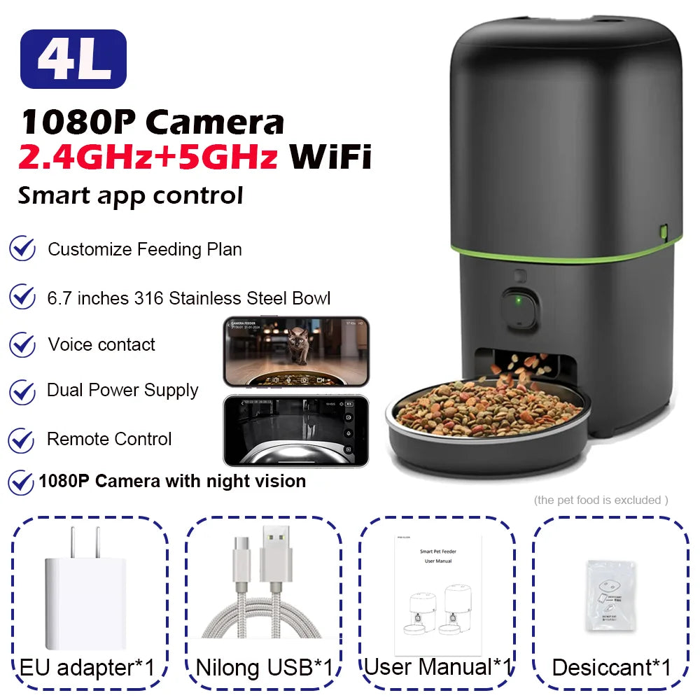 WhiskerWatch Pro Smart Cat Food Dispenser with Camera, 2.4G/5G WiFi & Tuya App