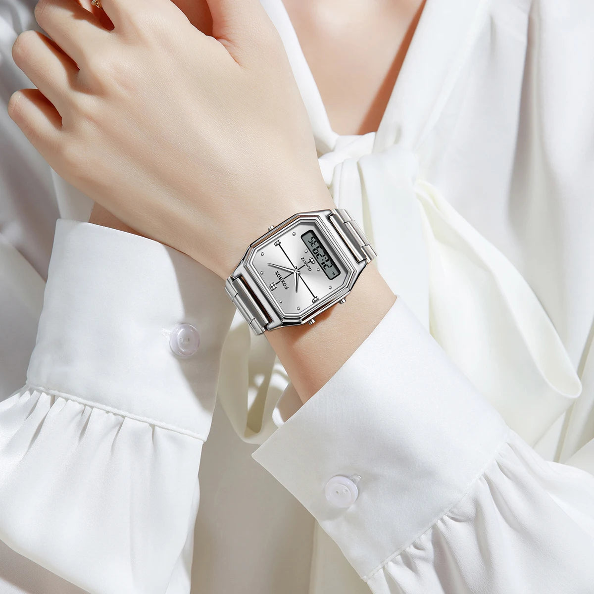 FOXBOX Elegant Dual Display Watch for Women – Stainless Steel Digital & Quartz Waterproof Timepiece
