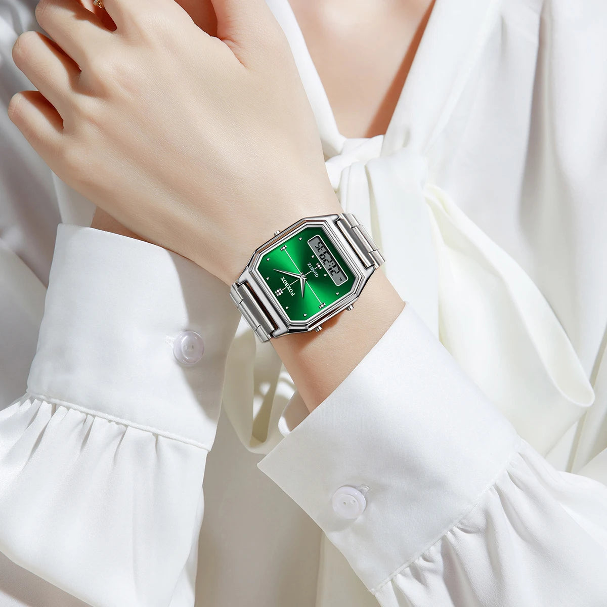 FOXBOX Elegant Dual Display Watch for Women – Stainless Steel Digital & Quartz Waterproof Timepiece