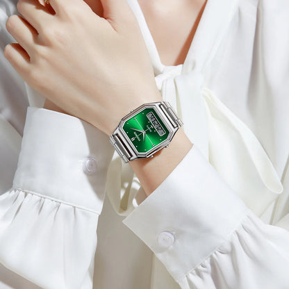 FOXBOX Elegant Dual Display Watch for Women – Stainless Steel Digital & Quartz Waterproof Timepiece
