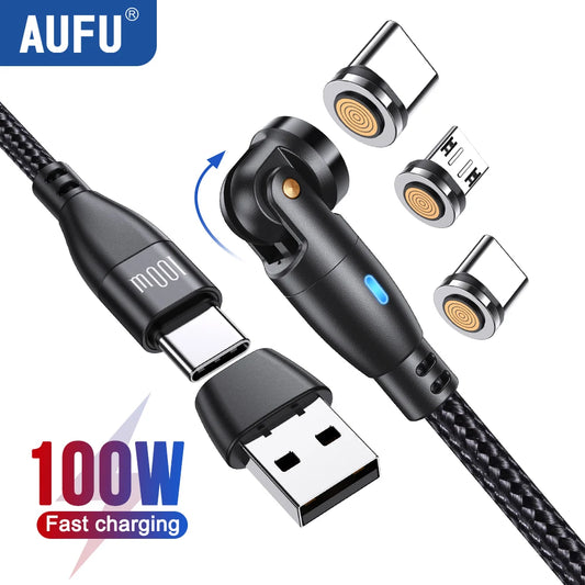 AUFU 3-in-1 Magnetic Fast Charging Cable 100W – Multi Connector USB-C Lead for iPhone, Samsung, MacBook & More