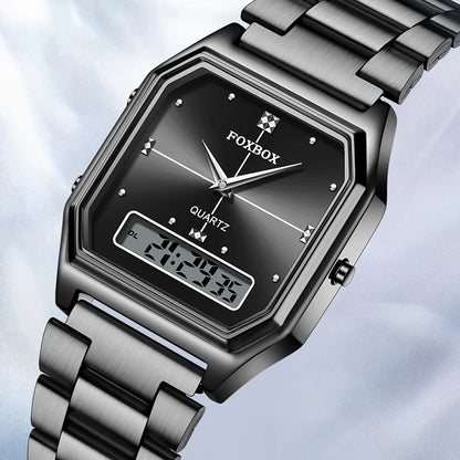 FOXBOX Elegant Dual Display Watch for Women – Stainless Steel Digital & Quartz Waterproof Timepiece
