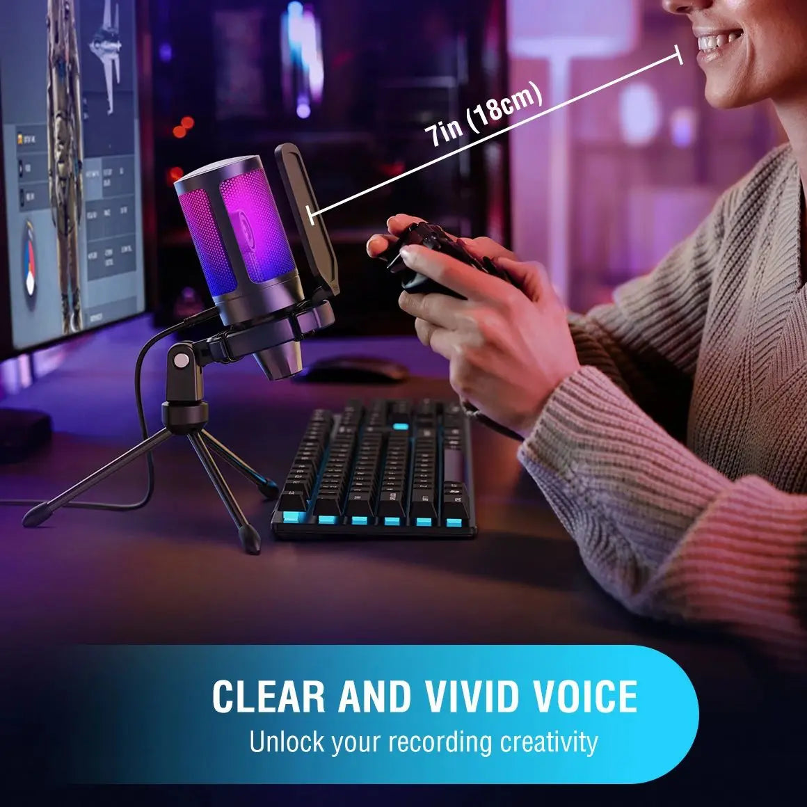 RGB USB Gaming Microphone – Streaming Condenser Mic for PC with Pop Filter & Shock Mount