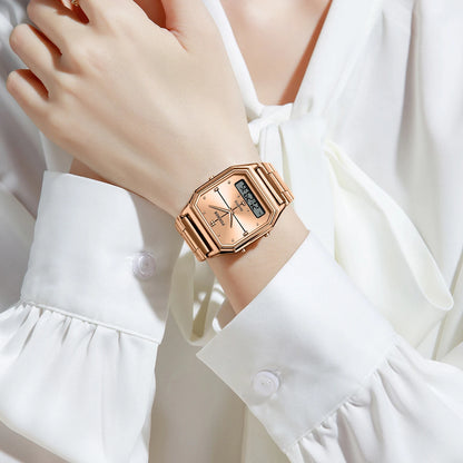 FOXBOX Elegant Dual Display Watch for Women – Stainless Steel Digital & Quartz Waterproof Timepiece