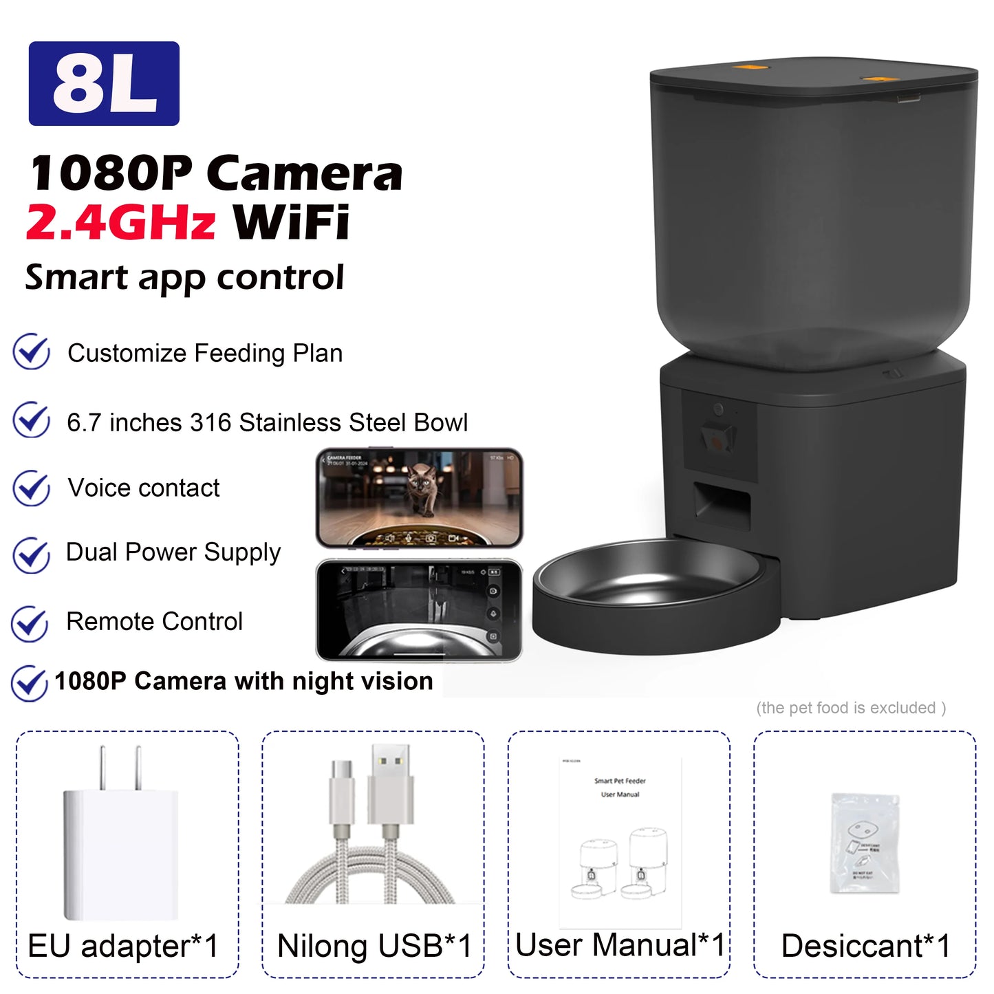 PetVision Pro 8L Smart Cat Food Dispenser with HD Camera, Voice Recorder & Tuya App