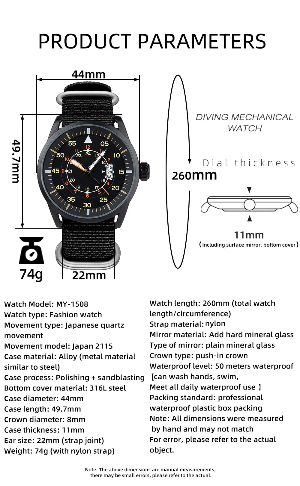 ADDIESDIVE Outdoor Men’s Watch – 50m Water Resistant Quartz Watch with Large Dial, Luminous Hands & Nylon Strap