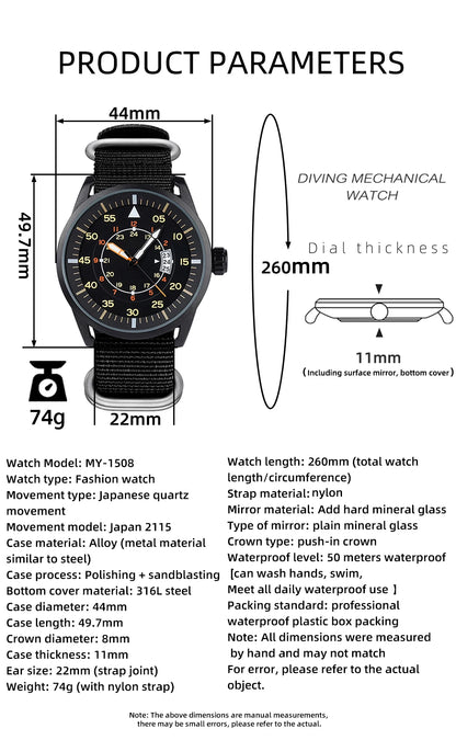 ADDIESDIVE Outdoor Men’s Watch – 50m Water Resistant Quartz Watch with Large Dial, Luminous Hands & Nylon Strap