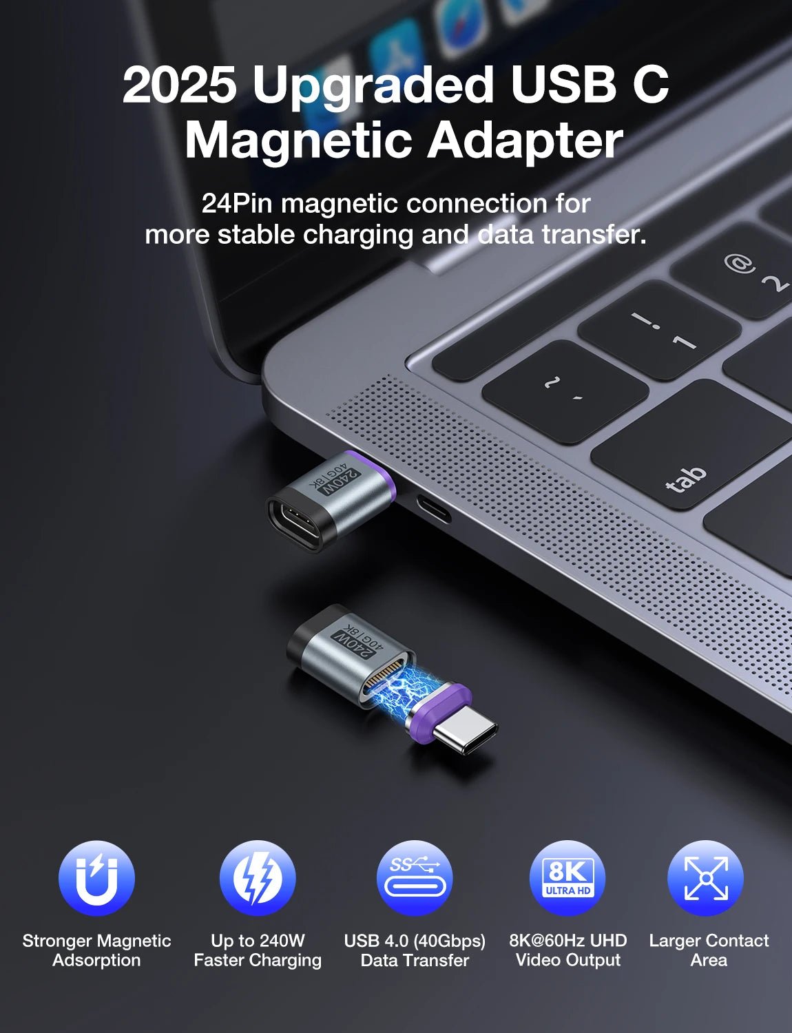 AUFU 240W Magnetic USB-C Adapter – USB4 40Gbps Fast Charging Connector with 8K 60Hz for MacBook, iPhone & Thunderbolt Devices