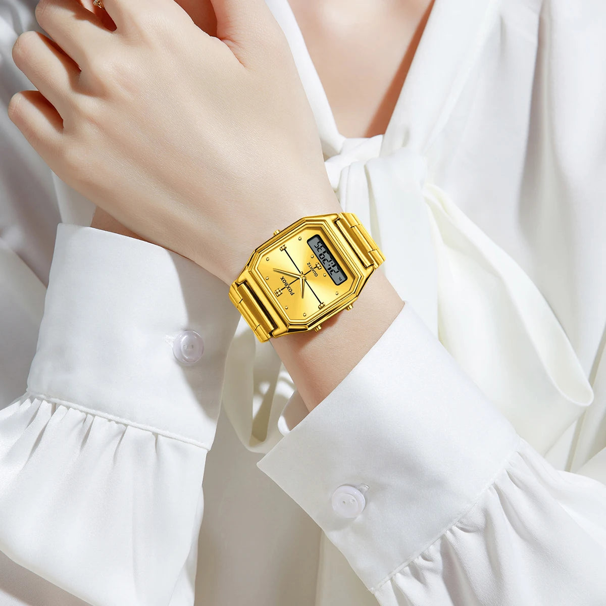 FOXBOX Elegant Dual Display Watch for Women – Stainless Steel Digital & Quartz Waterproof Timepiece