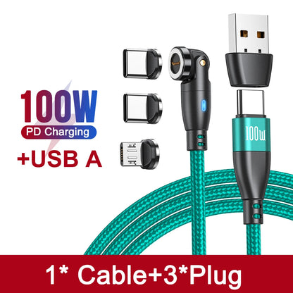 Cabo de carregamento rápido magnético 3 em 1 AUFU 100W – Conector múltiplo USB-C para iPhone, Samsung, MacBook e mais