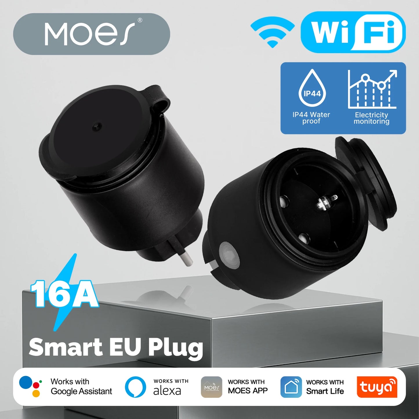 Enchufe inteligente WiFi 16A EU – Monitor de energía impermeable compatible con Alexa y Google Home