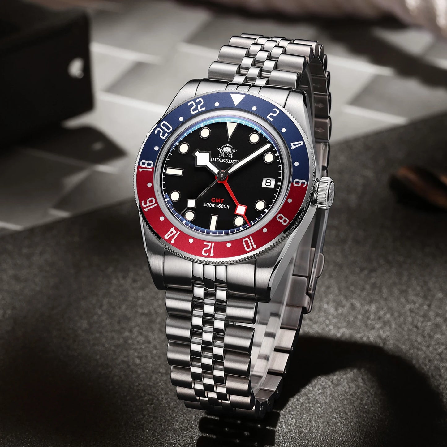 ADDIESDIVE GMT515 Diver Men’s Watch – 200m Waterproof, Sapphire Bubble Glass & BGW9 Super Luminous
