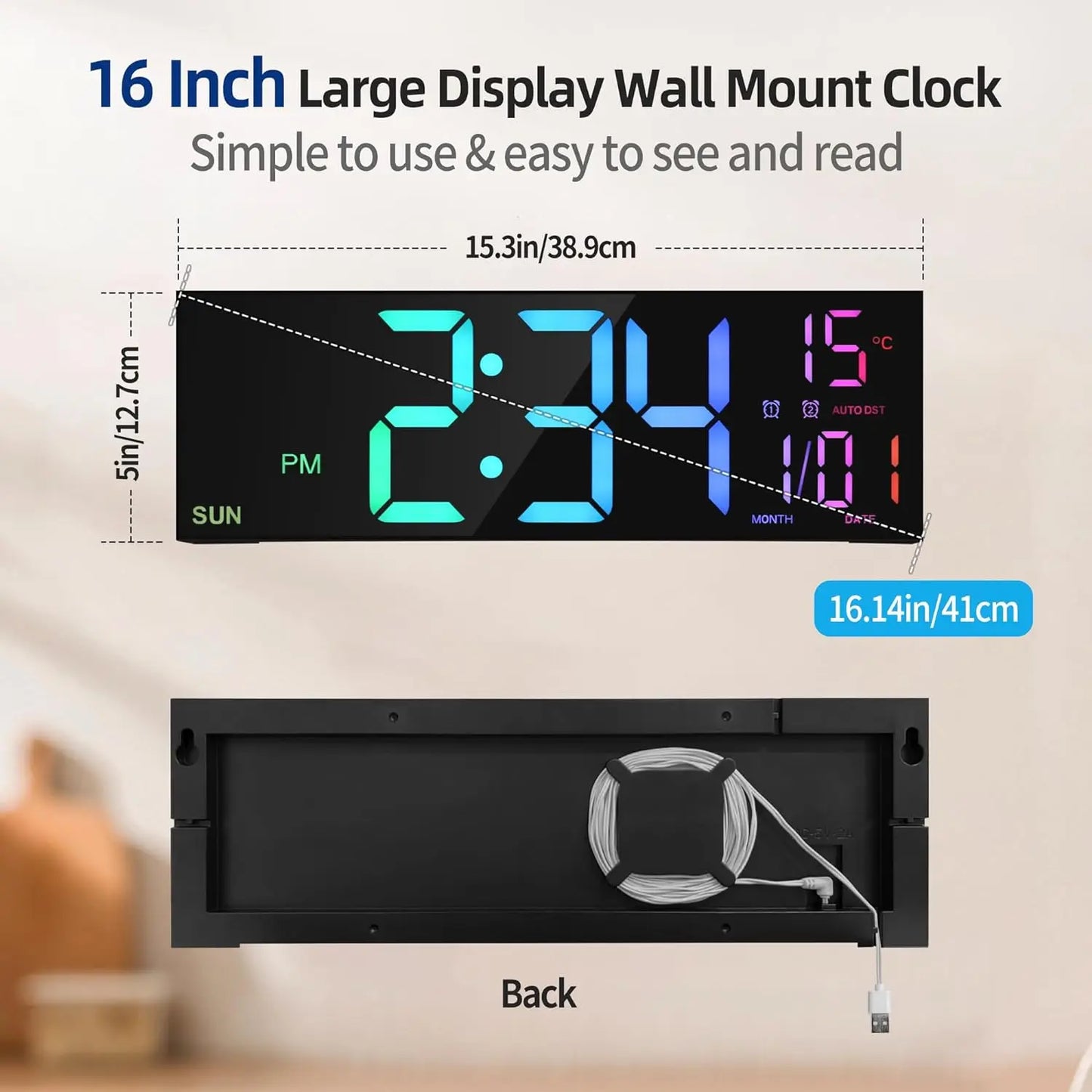16.2" Large Digital Wall Clock – RGB LED Alarm Clock with Remote Control & Dual Alarms
