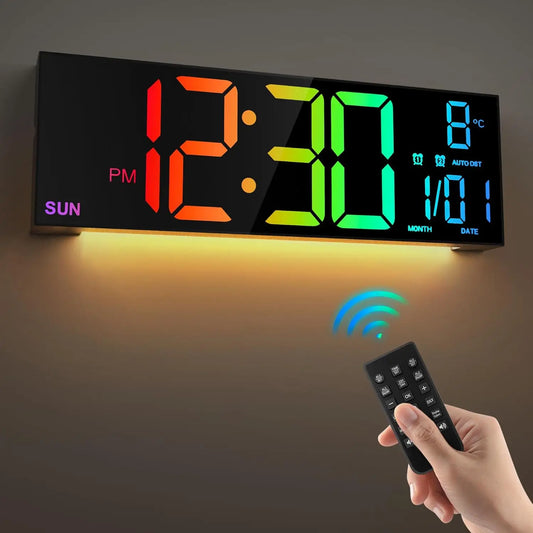 16.2" Large Digital Wall Clock – RGB LED Alarm Clock with Remote Control & Dual Alarms
