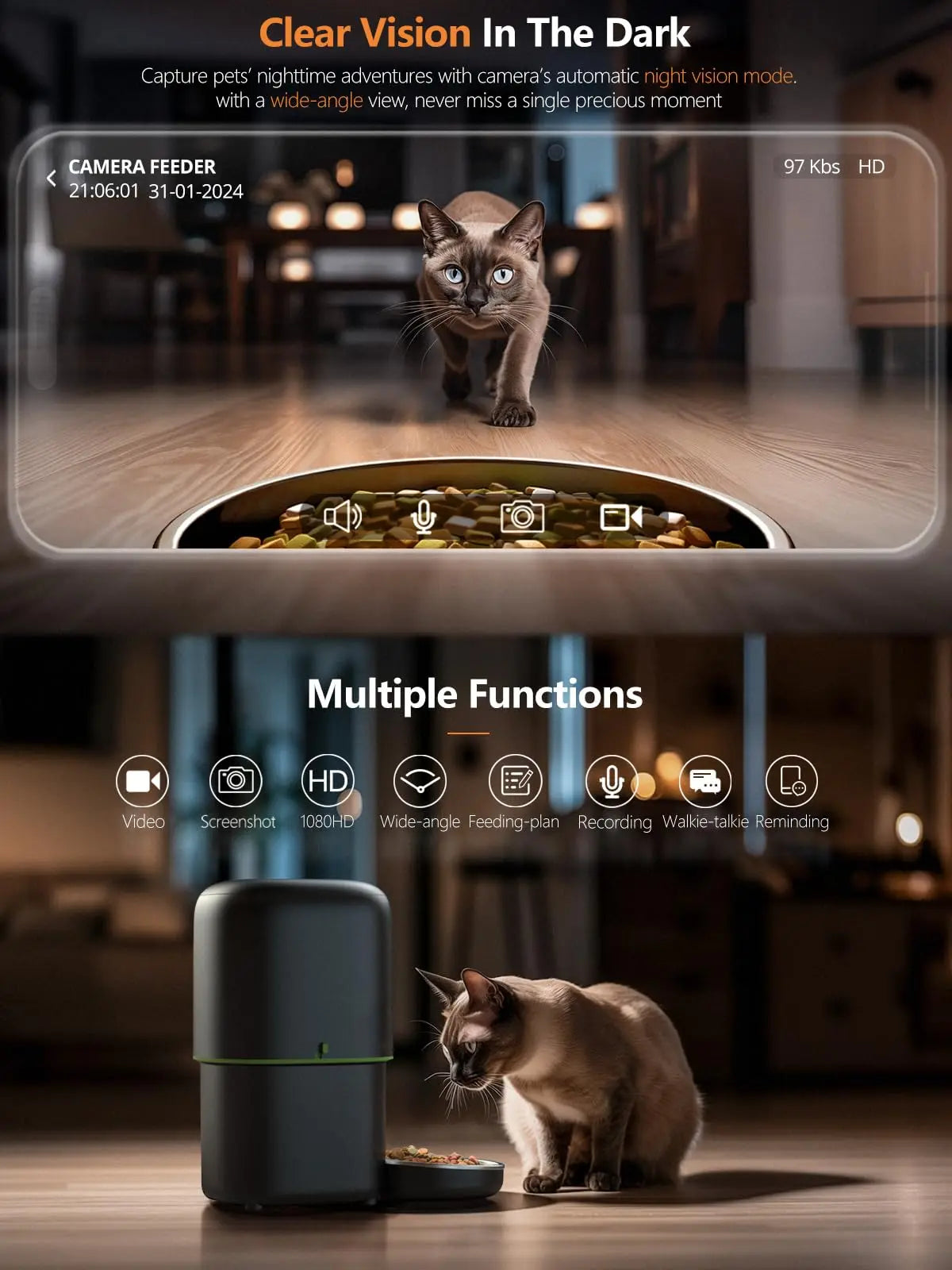 WhiskerWatch Pro Smart Cat Food Dispenser with Camera, 2.4G/5G WiFi & Tuya App